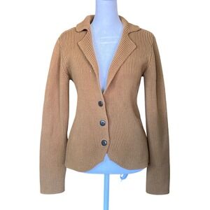 Ribbed Knit Tan Blazer Cardigan Small 100% Cotton Japan Preppy Work Minimalist